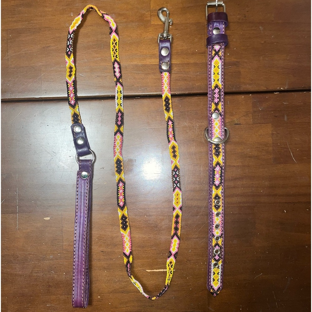 Mexican Leather Embroidered Dog Collar and Leash - Handmade, Brand New